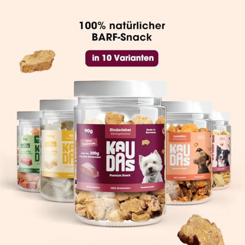 KAUDAS RinderleberPur Natursnack – 2 x 90 g gefriergetrocknetes Rinderleber Leckerli Hund mit hohem Proteingehalt, 100% natürlicher Hundesnack 450g Rohgewicht – ohne Zucker, Getreide & Zusatzstoffe