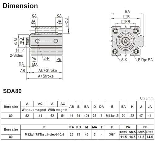 Vérin pneumatique compact SDA80X30 à double action - Course 80 mm