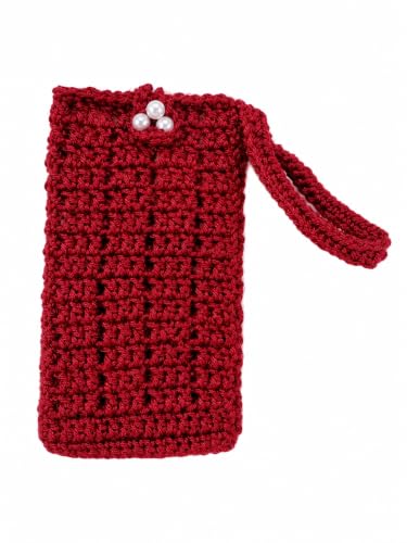 Image of Handmade Crochet Mobile Pouch for Women & Girls | Knitted Phone Holder with Wrist Strap | Cute Floral Aesthetic Mobile Cover Case | Soft Yarn Handmade Gift (Maroon)
