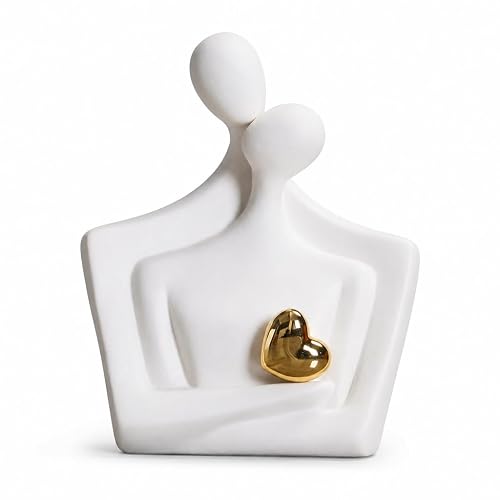 Ceramic Hugging Couple Statue with Gold Heart - Lover Figurine