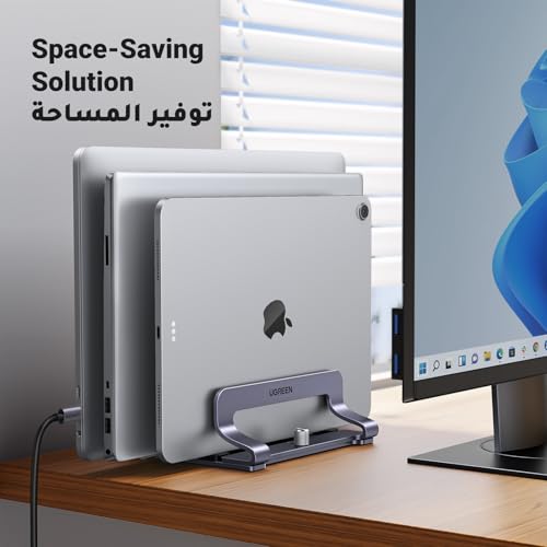يوجرين حامل كمبيوتر محمول عمودي، حامل كمبيوتر محمول مُحسّن بثلاث فتحات للمكتب، عرض قابل للتعديل، حامل ماك بوك عمودي موفر للمساحة، مناسب لجميع أجهزة الكمبيوتر المحمولة والأجهزة اللوحية حتى 15.6 بوصة