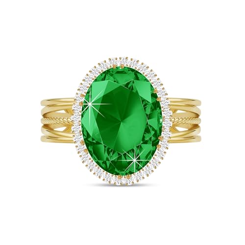 Linawe Green KC Imitation Gold Plated Chunky Adjustable Rings for Women, Birthstone Fake Imitation Diamond Crystal Gemstone Cocktail Rings, Statement Rhinestone Cubic Zirconia Costume Ring