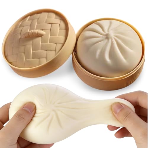 Dumpling Stress Ball, Giant Dumpling Squishy, Mystery Dumpling Squishy with Steamer Box, Stress Relief Squeezing Bun Toys for Kids and Adults, Anxiety Relief Fidget Toy (White)