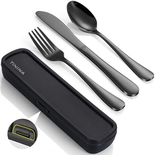 Camping Besteck, Edelstahl Reisebesteck mit Etui, Verstärktes Gehäuse mit Schnallen-Design, Campingbesteck für Outdoor, Reise, Arbeit, Schule, Spülmaschinenfest, Schwarz