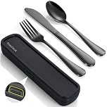 Camping Cutlery Set with Case, 4-Piece Stainless Steel Portable Travel Utensils, Reinforced Case with Snap-Lock Closure, Lunch Box for Camping Work School, Fork Spoon Knife, Dishwasher Safe, Black