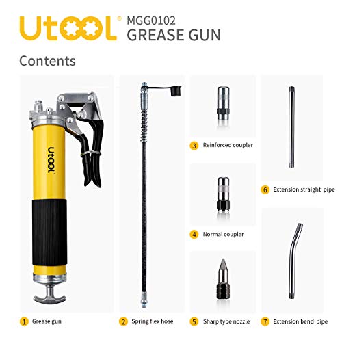 Utool Grease Gun, 7000 Psi Heavy Duty Pistol Grip Grease Gun Set With 14 Oz Load, 18 Inch Spring Flex Hose, 2 Working Coupler, 2 Extension Rigid Pipe And 1 Sharp Type Nozzle Included, Yellow #TOP1