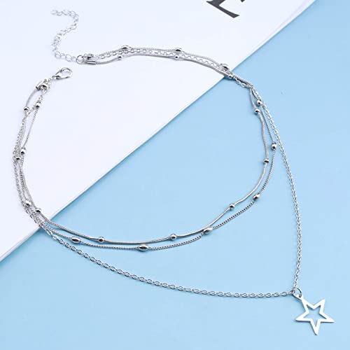 Yheakne Boho Layered Star Choker Necklace Silver Star Pendant Necklace Layering Satellite Chain Necklace Outline Star Necklace Chain Jewelry For Women And Girls #TOP2
