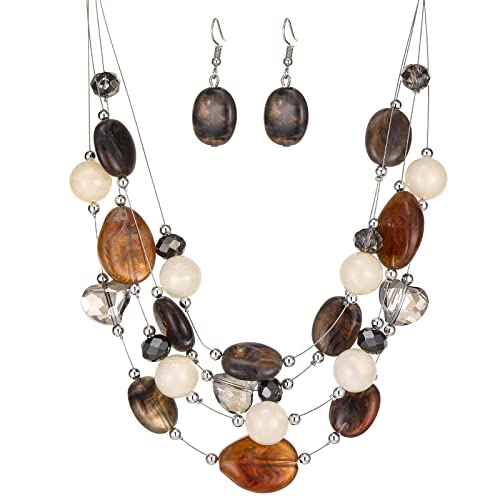 FULU AUTUMN Silver Layered Statement Necklaces for Women Handmade Beaded Necklace Costume Jewellery Birthday Gifts for Women(40-1-Dark coffee)