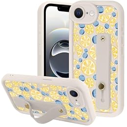Yomjew Summer Lemon Blueberry Phone Case for iPhone 17e/16e with Adjustable Soft Finger Hand Wrist Strap Holder Kickstand Silicone Shockproof Protection Funda for iPhone 17e/16e 6.1 Inch