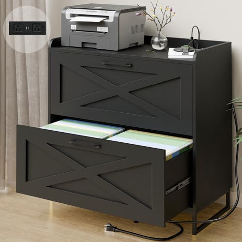 Lateral File Cabinet 2 Drawer File Cabinet with Charging Station for Legal/Letter/A4 Size Hanging Files, Modern Farmhouse Large Wood File Storage Cabinet Printer Stand for Home Office Furniture(Black)