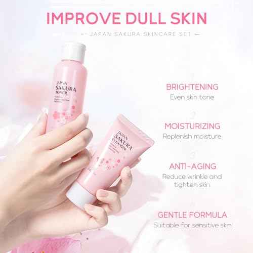 Fashion Base Skin Care Set Sakura Women Beauty Gift Sets Korean Skin Care Kit- Cleanser,Serum,Face Cream,Toner,Eye Cream,Mud Mask-Skin Care Routine Kit (One Size, Cherry Blossom-StyleA-Bae Moisturizing) 7 pieces