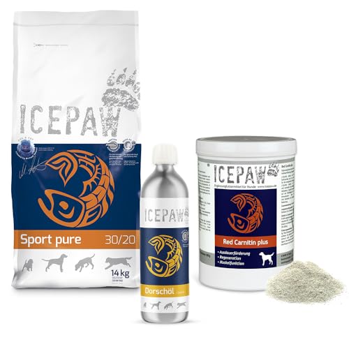 ICEPAW I Kombipaket für aktive Hunde I High Premium Trockenfutter Sport Pure (14 kg) I Dorschöl (500 ml) I Red Carnitin (400 g)