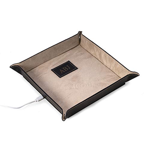 Bey-Berk Custom Personalized Black Leather Valet Tray with Wireless Charger - Thumbnail 2
