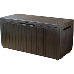 Keter Springwood Opbergbox om erop te zitten, kussenbox, bruin, afsluitbaar, weerbestendig, 123 x 53,5 x 57 cm, 305 liter