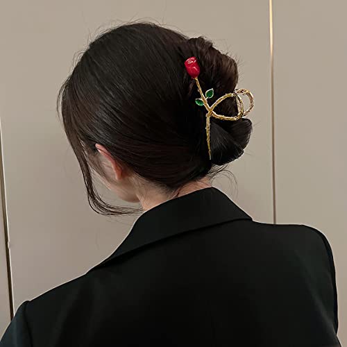 Flower Hair Claw Clip Large Metal Rose Hair Clips Red Rose Barrette Non-Slip Headdress Thick Long Hair Jaw Clips Hair Accessories For Women And Girls Hair Styling Fashion Hair Supplies #TOP1