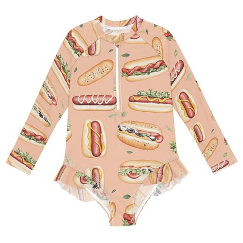 ALAZA Swimsuit for Girls Long Sleeve Rashguard Bathing Suit Hot Dog Cute Quick Dry 4T