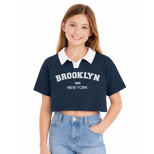 Image of FUNKY MONKEY Girls Cotton Crop Polo T-Shirt | Half Sleeve Collar Neck Printed Top | Stylish Kids Crop Tee for Girls