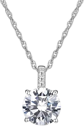 DIAMONLITE 2 Ct Cubic Zirconia Pendant Necklace for Women, 8mm D Color VVS Clarity Round Brilliant Cut, Rhodium Plated 925 Sterling Silver Solitaire Simulated Diamond Necklace, 18"+2" Extender, Round Simple Womens Silver CZ Zirconia Necklace