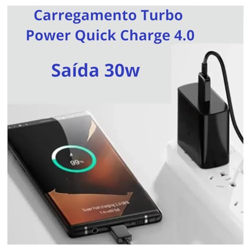 Kit de Carregador Turbo Android Power 30W 4.0 Entrada Tipo C + Cabo USB - Tipo C 1m (Preto) Universa
