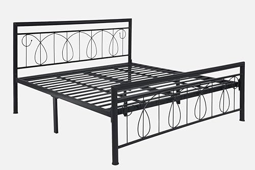 Image of Kovu Metal Queen Size Bed Without Storage | Wrought Iron Double Bed with Headboard & Footboard | Sturdy Powder Coated Platform Bed Queen Size Cot for BedroomLivingRoom Black (75x60)