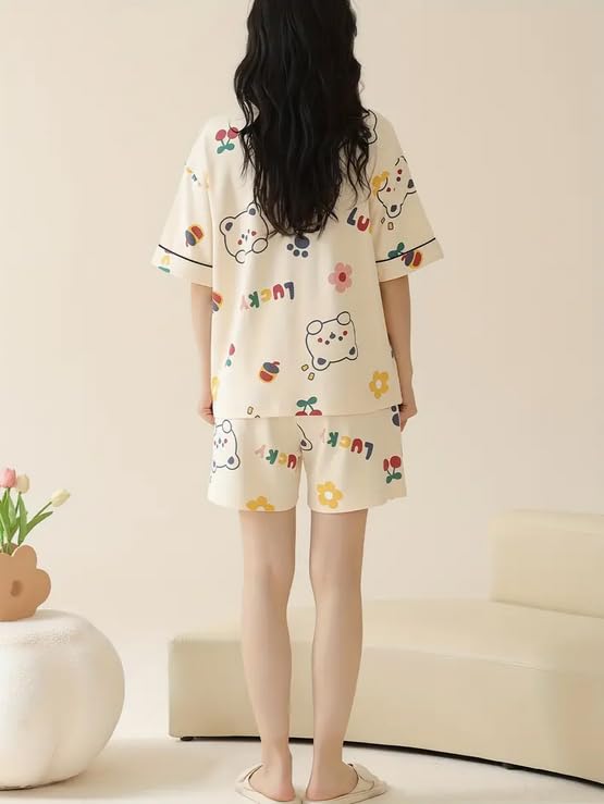 Image of Lunza Women's Cotton Blend Pajama Set, Short Sleeve T-Shirt and Shorts, Cute Bear Print Nightwear