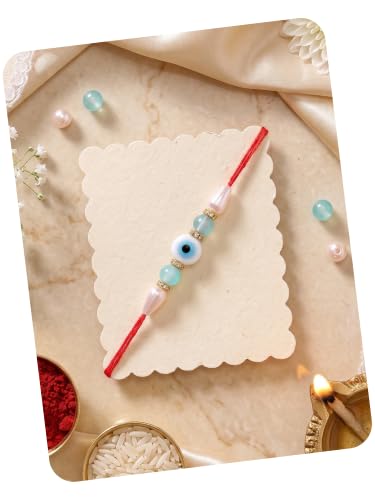 Image of Karatcart Stylish Light Blue Beads Evil Eye Handmade Rakhi for Brother with Roli & Chawal