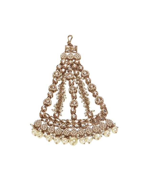 Royal Gold Finish Passa with Pearl Droplets & Reverse AD Stones | Anti-Tarnish Brass Bridal Jhoomar Headpiece | Kundan Style Wedding Hair Jewelry for Women-image-23
