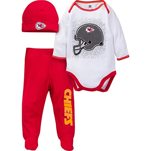 Gerber NFL Kansas City Chiefs 3 Pack Bodysuit Footed Pant and Cap Registry Gift Set, red/white Kansas City Chiefs, 6-9M by Gerber - Image 2
