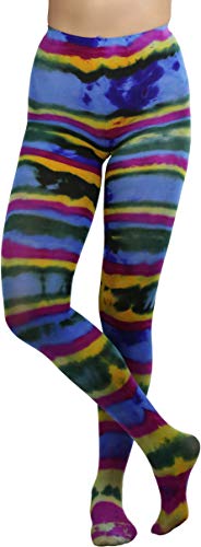 ToBeInStyle Women’s Vibrant Multicolored Rainbow Opaque Fashion Tights Pantyhose Hosiery - Blue Tie Dye w/Rainbow Stripes