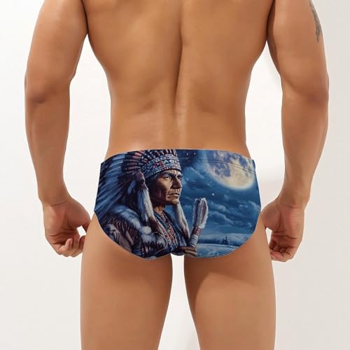 Native USA Indian Moon Wolf Men's Swimming Trunks Briefs Beach Swimwear Low Rise Bikini Swimsuit Print Bathing Suit2