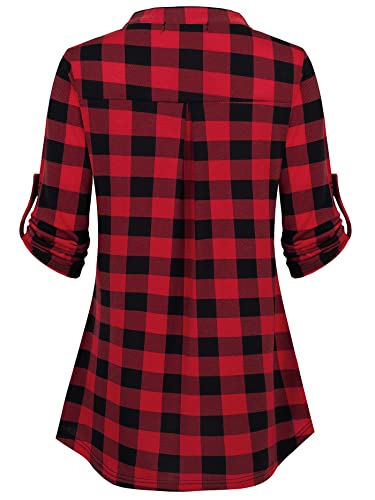 Bepei Fall Clothes For Women,Plaid Shirts Christmas Trendy 3/4 Sleeve Tops 2023 Zip Up V Neck Casual Work Dressy Blouses Petite Vintage Tunics Ladies Clothing Flannel Shirt, Black Red M #TOP2