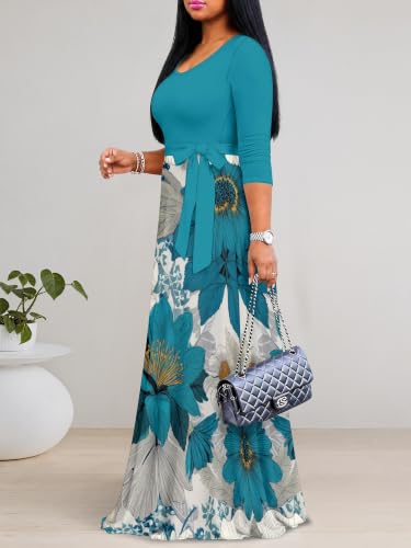 Image of PinkPatty Plus Size Maxi Dress for Women Casual V Neck 3 /4 Sleeve Boho Printed Long Dress with Pockets