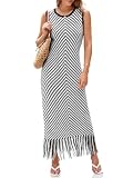 Wenrine Womens Summer Crochet Knit Dress Sleeveless Casual Striped Tassel Tank Sweater Boho Maxi Dresses Black