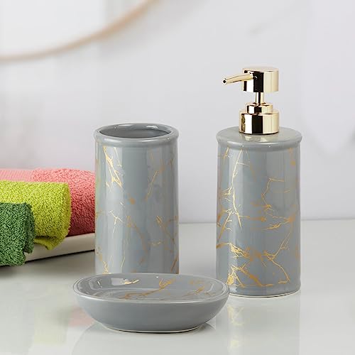 Image of SaSaSa Ceramic Bathroom Set of 3 Modern Bath Accessories Kit with Soap Dispenser, Toothbrush Holder & Dish - Stylish & Elegant Bathroom Decor, Grey /Gold (9730)