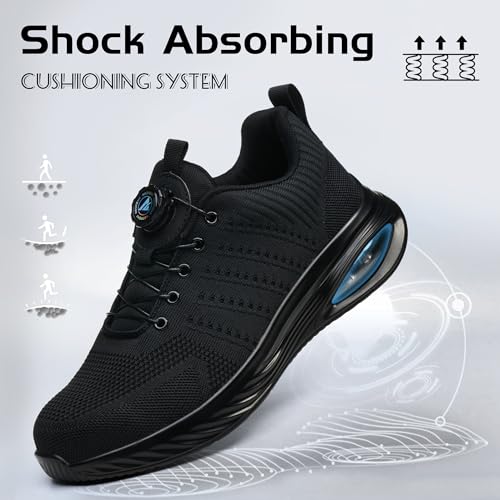 Obuwie ochronne dla mężczyzn i kobiet, lekkie stalowe noski, buty sportowe, oddychające, antypoślizgowe, buty robocze z obrotową klamrą, sznurowadła, Czarny, 44.5 EU