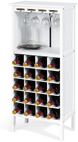 GiantexUK Wine Storage Cabinet, Freestanding Sideboard with Goblet Holder and 20 Bottles Wine Unit, Wooden Champagne Glass Display Cupboard,42 x 25 x 96cm (White)