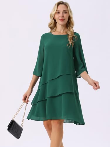 Image of Seta T Women's Chiffon Dresses 3 /4 Bell Sleeve Crewneck Tiered Layered Flowy Dress Party Wedding Outfits