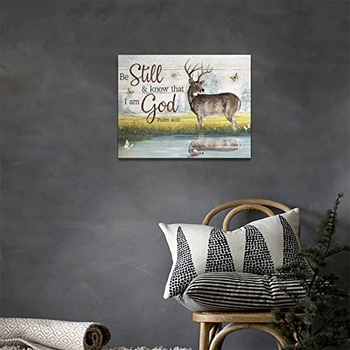 Rustic Country Deer Wall Art Psalm Be Still And Know Wall Decor Christian Deer Pictures Canvas Prints Framed Modern Painting Artwork For Bathroom Kitchen Dining Room Living Room Office 16"X12" #TOP5