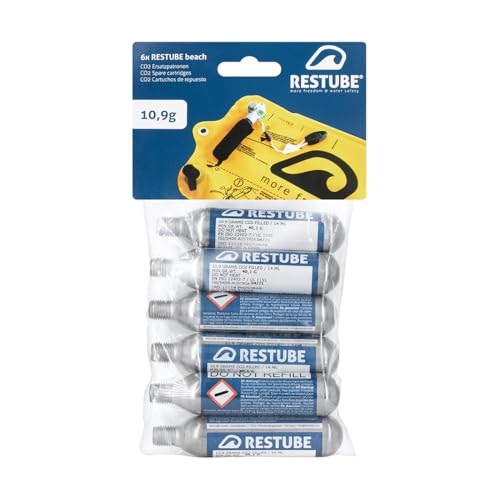 Restube Beach Cartouches de CO2 de Rechange pour Bouée de Sauvetage Gonflable - Lot de 6 Capsules à Air Comprimé de 10.9g pour Aide Flottante Natation