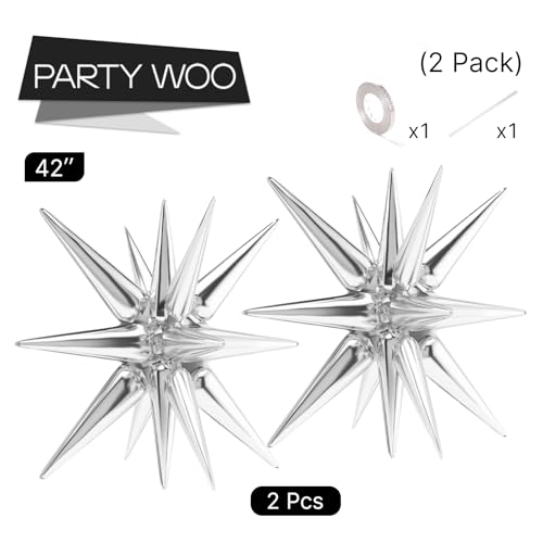 Image of PartyWoo Metallic Silver Star Spike Balloons 2pcs Explosion Foil Balloons