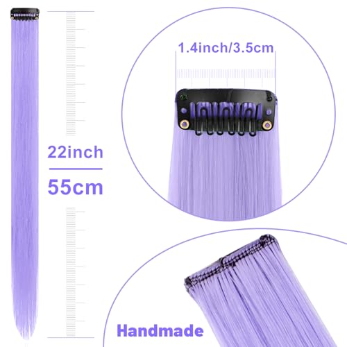 TOFAFA 22 inch Colored Hair Extensions, Multi-colors Party Highlights Clip in Synthetic Hair Extensions, Color Party Highlights Hairpieces for Girls Women(10 PCS Light Purple)