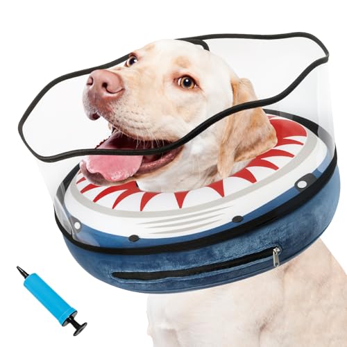 Inflatable Dog Cone Collar Soft Dog Cone Alternative After Surgery to Stop Licking for Large Medium Dogs Recovery Donut Cone Adjustable Neck Collar with Enhanced Anti-Licking Guard Shield,Shark Blue,M