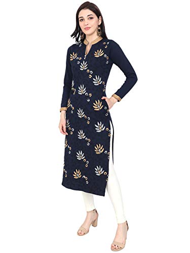 Image of Rosary Women's Winter Wear Embroidered Warm Woolen Straight Full Sleeve Kurti with Pockets