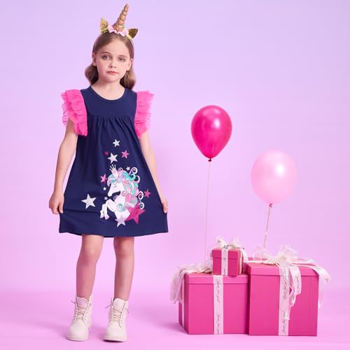 DXTON Toddler Girls Cotton Dress Casual Summer Short Sleeve Cute Cartoon Print A-line Sundress Home School 3-10 Years2
