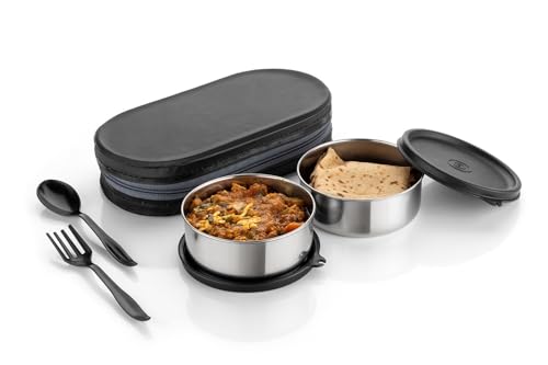 NARIYA Lunch Box with Insulated Jacket, 2 Stainless Steel Containers with Lid Leak-Proof Tiffin for Office, School, College|Food-Grade|2 Container|EAS to Carry|Plastic Cutlery Set (Black,600ml)