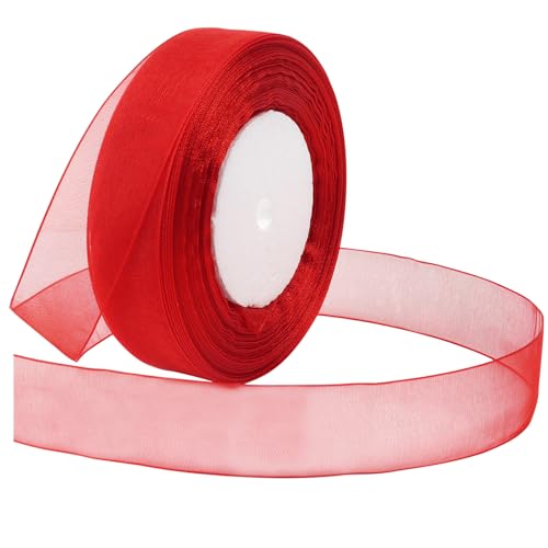 Loomesh Red Ribbon for Gift Wrapping 1 inch Tulle Sheer Organza Ribbon