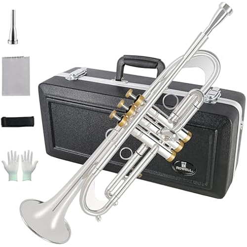 ROWELL Bb Trumpet Professional Trumpet Brass Instruments Standard Trumpets Set with Professional Trumpets Box,Original 7C trumpet Mouthpiece, Cloth and Gloves (Silver)