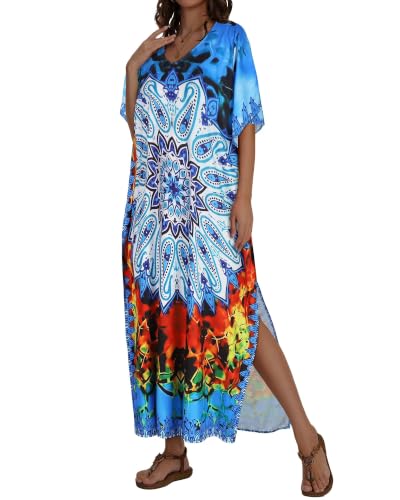 Image of Kaftan Dresses for Women V Neck Caftan Batwing Sleeve Swimsuit Cover Up | JILUVIN Plus Size Beach Swimwear Dress, Loose Fit Maxi Print Moomoo, Casual Mumu Nightgown Mrs Roper Costumes Vocation 2026