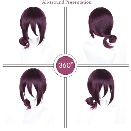 Image of LABEAUTE Reze Wig Short Deep Purple Anime Wig for Girls Women Synthetic Cosplay Wig with Ponytail for Halloween Party Wig + Cap