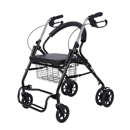 高齢者用の椅子とカゴ付き車輪付き歩行器 高齢者用の車輪と椅子付きショッピングカート ブレーキ付き車椅子 組み立て簡単 外出サポートに (ブラック,買い物かご)